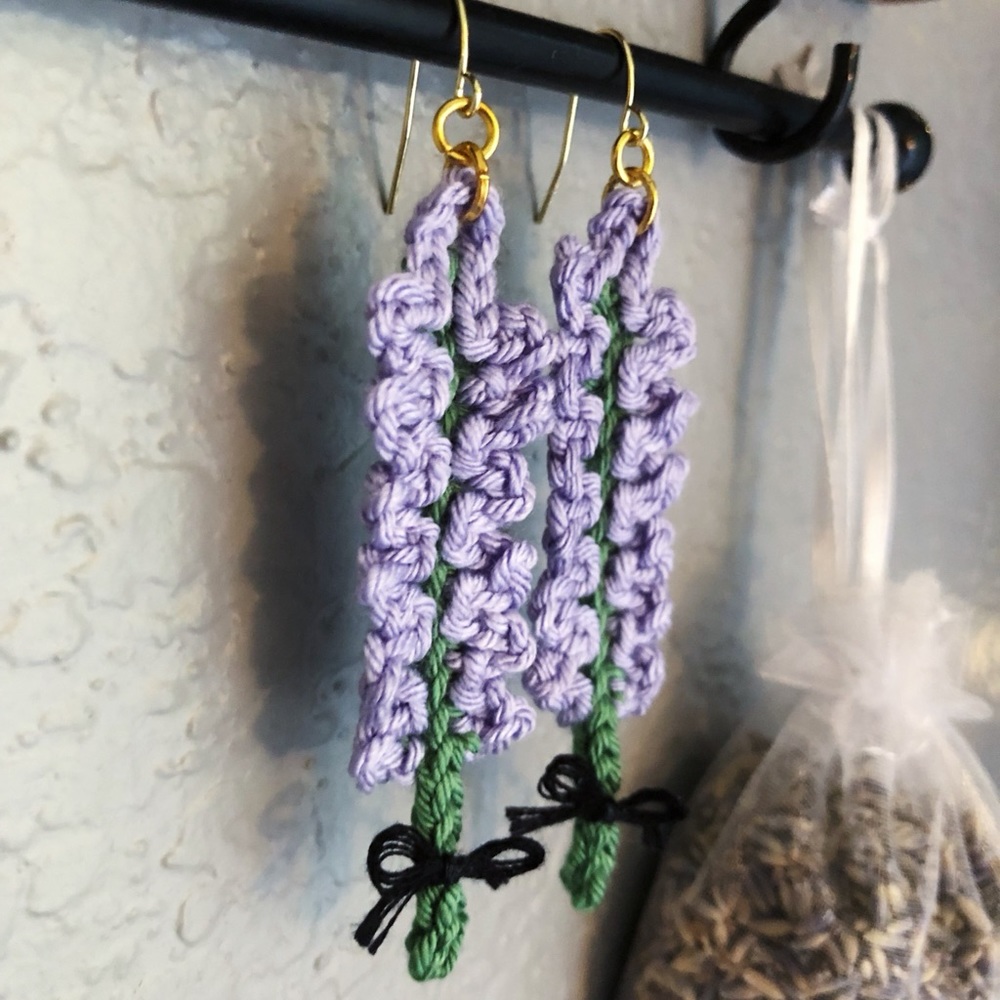 Lavender Flower Floral Earrings Crocheted with a Bow! - Picture 5 of 8